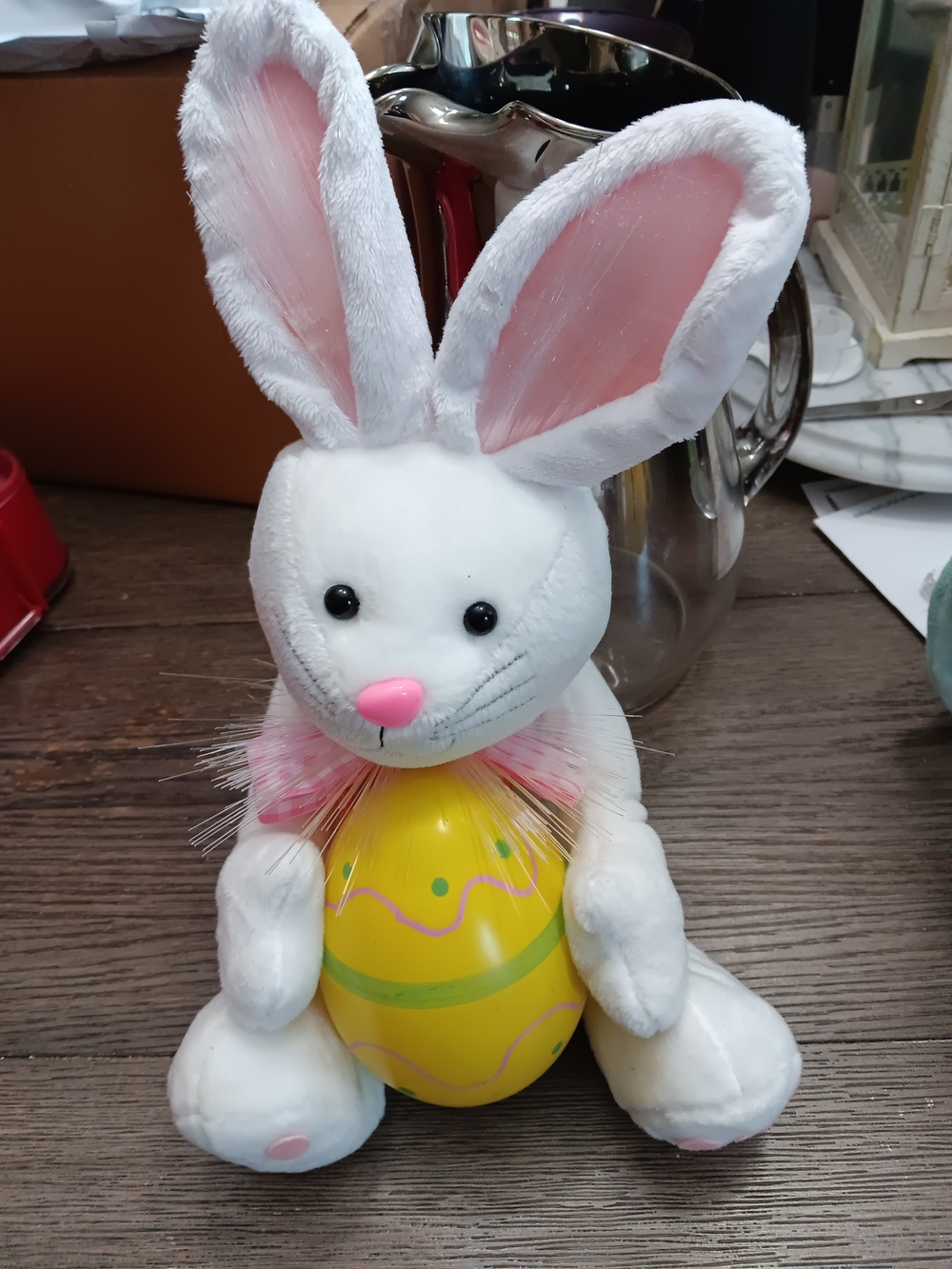 White Plush Easter Bunny Holding Yellow Easter Egg Battery Opetated Fiber Optics